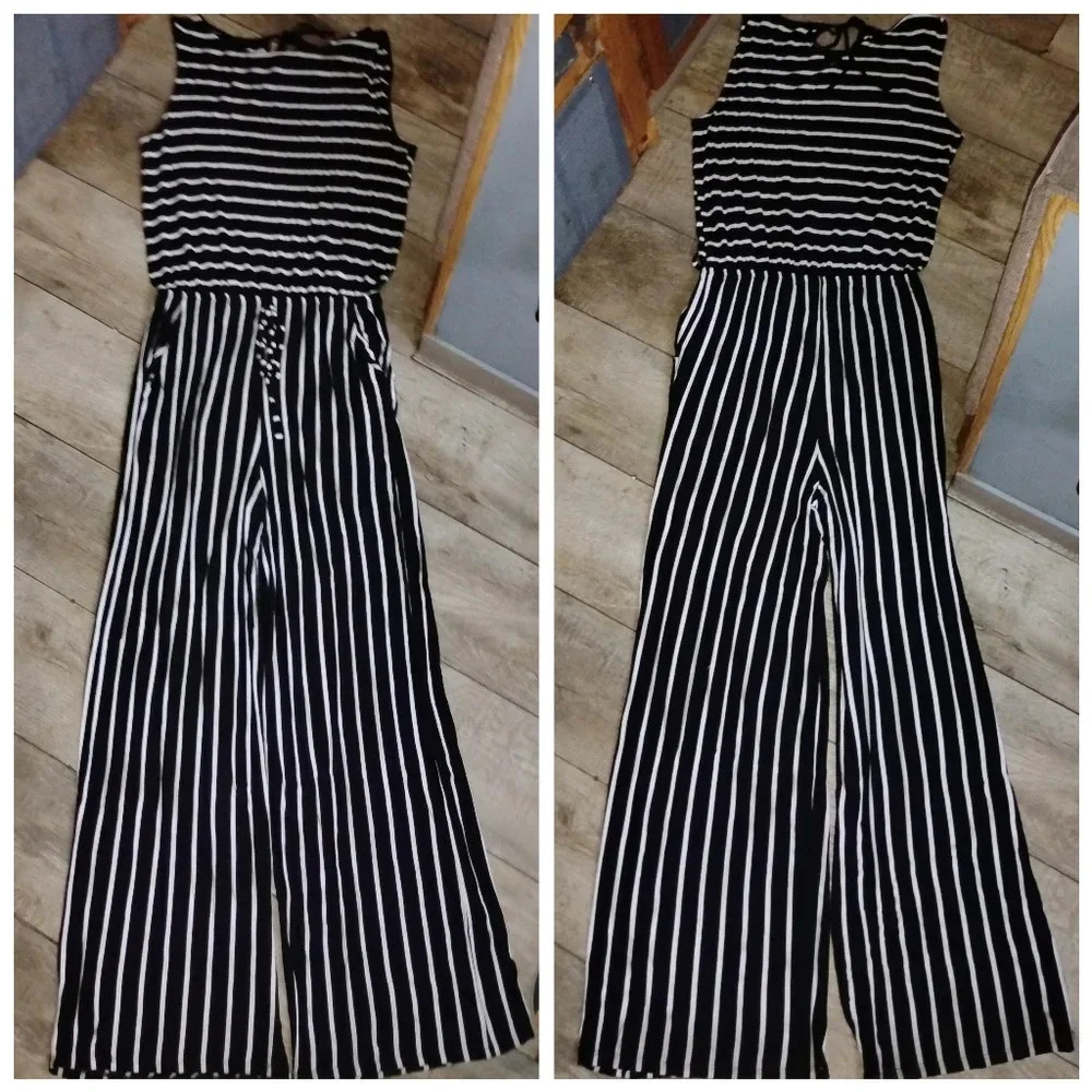 Zenana black striped wide leg sleeveless pants jumpsuit size large XL - Picture 2 of 3